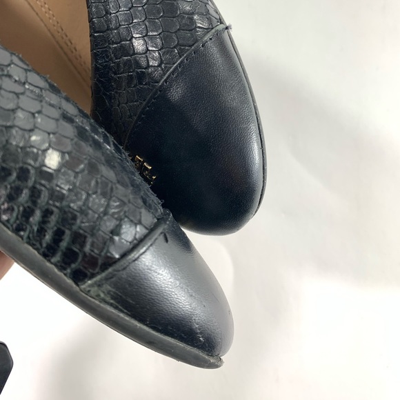 Tory Burch Sz 9 Black Cap Toe Leather Snake Skin Print Ballet Scrunch Back Flats - Picture 6 of 12